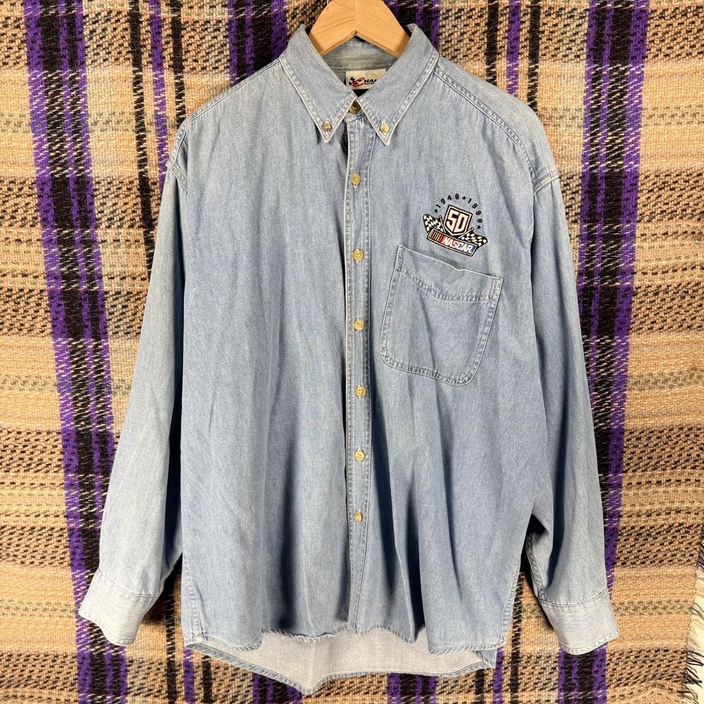 Vintage NASCAR‎ 50th Anniversary Shirt Mens Large Blue Denim Racing Chase 90s
